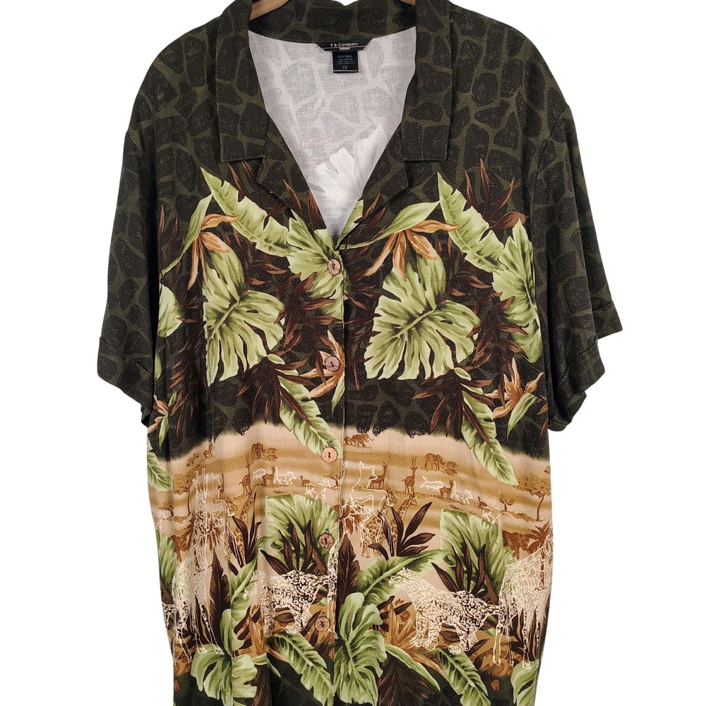 Womens 3X T & Company Safari Animal Print Rayon Camp Shirt Olive Green Tropical